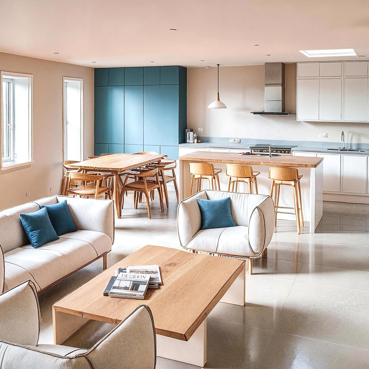 Casa Azul — Simulação da sala e cozinha no 2.º piso